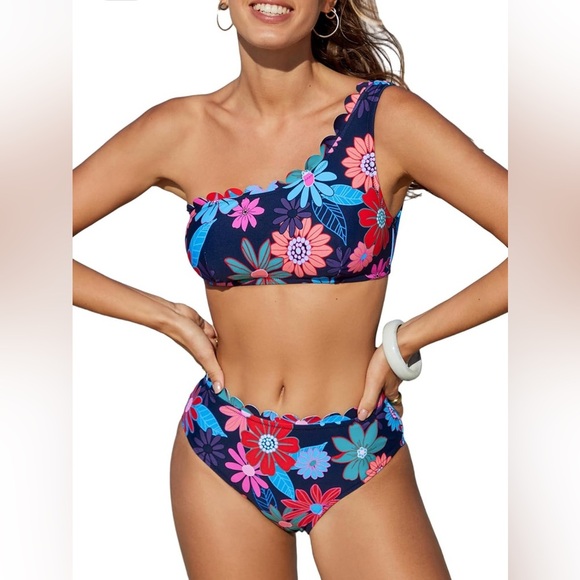 CUPSHE Two Piece Floral Bikini Set One Shoulder Scalloped Wide Strap Back Hook - Picture 1 of 10